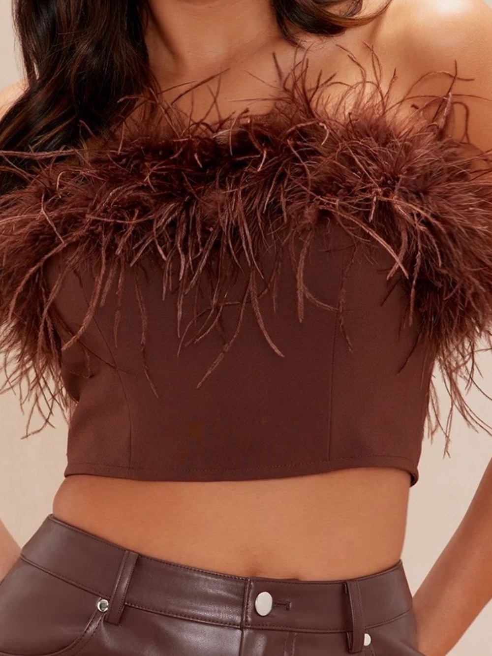 Feather-Trim Brown Crop Top - Women's Luxe Party Cropped Cami